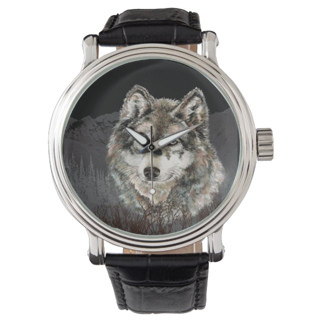 Wasserfarbener Wolf Bergsee-Zauber Armbanduhr (Vorderseite)