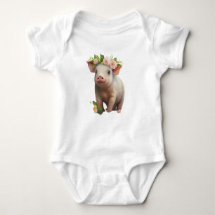 Wasserfarbenes Baby-Piglet mit Blume auf Kopf Baby Strampler