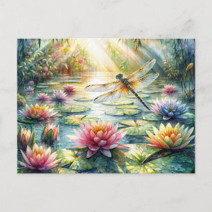 Wasserfarbenes Bild einer Libelle über einem Teich Postkarte