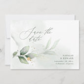 Wasserfarbenes Blattwerk und metallische Goldhochz Save The Date (Vorderseite)