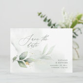 Wasserfarbenes Blattwerk und metallische Goldhochz Save The Date (Stehend Vorderseite)