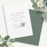 Wasserfarbenes Blattwerk und metallische Goldhochz Save The Date<br><div class="desc">Ethische Aquarellfolien und metallische goldene Wirkung Hochzeit speichern das Datum einladen. Mit schönen Aquarelldetails. Diese moderne Hochzeitsfeier lädt zum Set des Stils für Ihren großen Tag ein.</div>