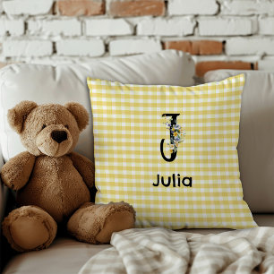 Wasserfarbenes Blumen-Gingham-Muster mit Monogramm Kissen