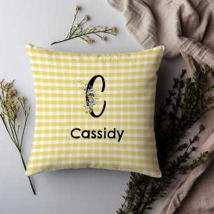 Wasserfarbenes Blumen-Gingham-Muster mit Monogramm Kissen
