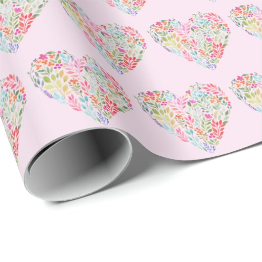 Wasserfarbenes Blumenherz auf Rosa Geschenkpapier (Rolleneckpunkt)