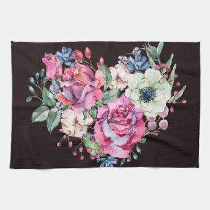 Wasserfarbenes Blumenherz: Vintage Rose. Geschirrtuch
