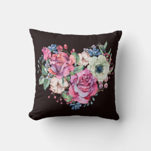 Wasserfarbenes Blumenherz: Vintage Rose. Kissen