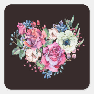 Wasserfarbenes Blumenherz: Vintage Rose. Quadratischer Aufkleber