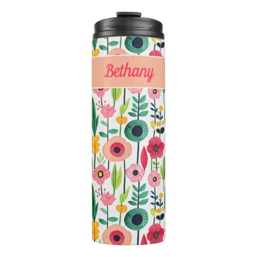 Wasserfarbenes Blumenmuster mit Name Elegant Thermosbecher (Vorderseite)