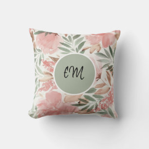 Wasserfarbenes Blumenmuster-Monogramm Kissen