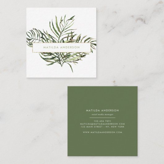 Wasserfarbenes botanisches Blattwerk und Golddetai Quadratische Visitenkarte (Vorne/Hinten)