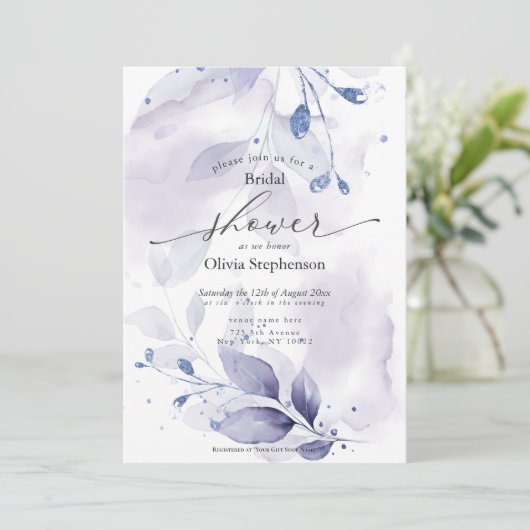 Wasserfarbenes Brautparty Rustikales Violettfolien Einladung (Stehend Vorderseite)
