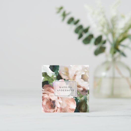 Wasserfarbenes, elegantes Blumenmuster und Blattwe Quadratische Visitenkarte (Stehend Vorderseite)