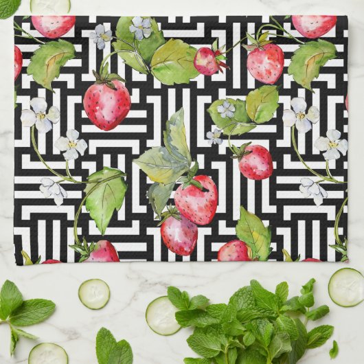 Wasserfarbenes, florales Erdbeermuster Geschirrtuch (Gefaltet)