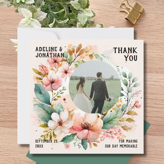 Wasserfarbenes Foto Hochzeitsflat Dankeskarte