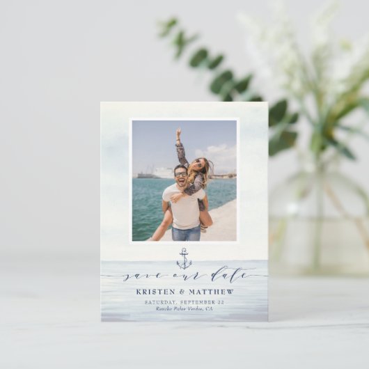 Wasserfarbenes Foto Save the Date Ankündigungspostkarte (Stehend Vorderseite)