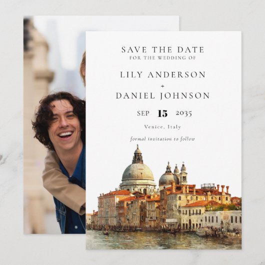 Wasserfarbenes Fotohochzeit mit Blick auf Venedig Save The Date (Vorne/Hinten)