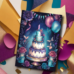 Wasserfarbenes Geburtstag Luftballons Torte Navy B Einladung