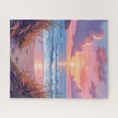 Wasserfarbenes Gemälde des rosa Ozeans beim Sonnen Puzzle (Horizontal)