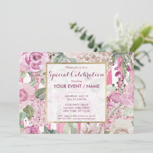 Wasserfarbenes geometrisches rosa Blumenereignis Einladung (Stehend Vorderseite)