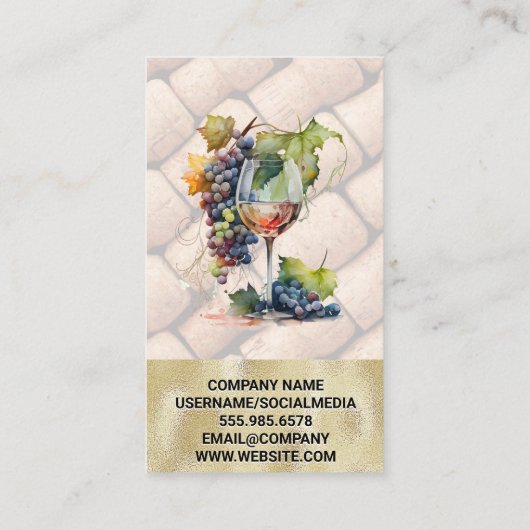 Wasserfarbenes Glas Wein Weintrauben | Korks Visitenkarte (Rückseite)