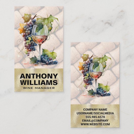 Wasserfarbenes Glas Wein Weintrauben | Korks Visitenkarte (Vorne/Hinten)