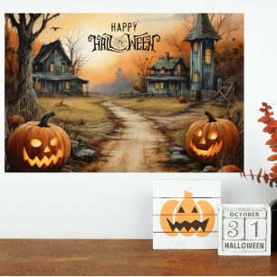 Wasserfarbenes Halloween Spuk Bauernhaus Poster