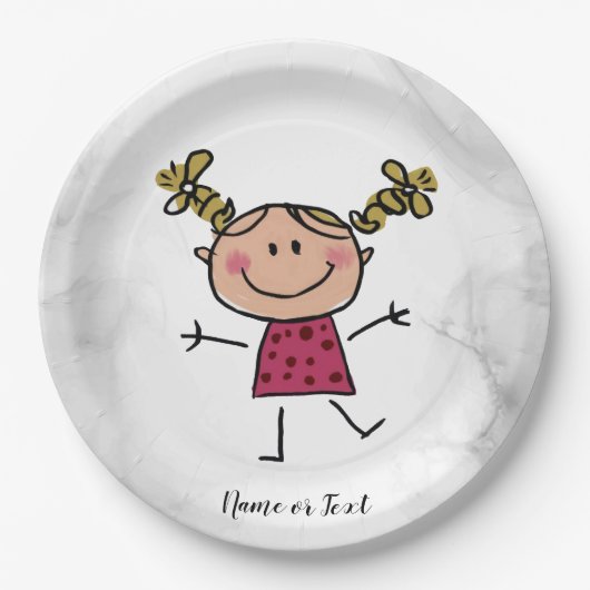 Wasserfarbenes Happy Strichfigur-Mädchen Rosa Klei Pappteller (Vorderseite)