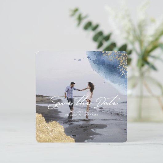 Wasserfarbenes himmlisches Foto Save the Date Einladung (Stehend Vorderseite)