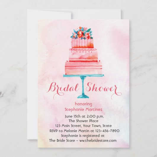 Wasserfarbenes Hochzeitskuchen-Brautparty Einladung (Vorderseite)
