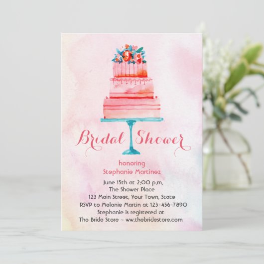 Wasserfarbenes Hochzeitskuchen-Brautparty Einladung (Stehend Vorderseite)
