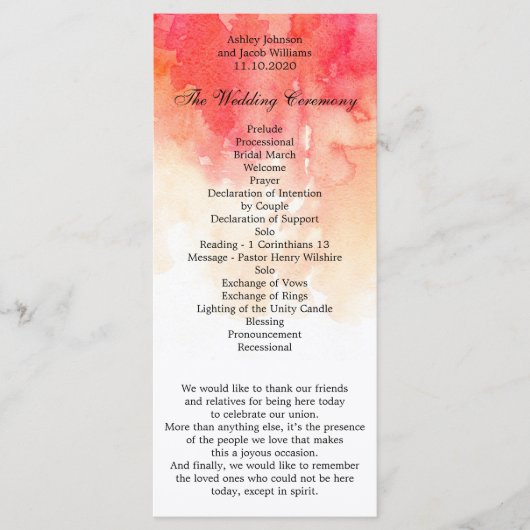 Wasserfarbenes Hochzeitsprogramm. Zeremonie Programm (Vorderseite)