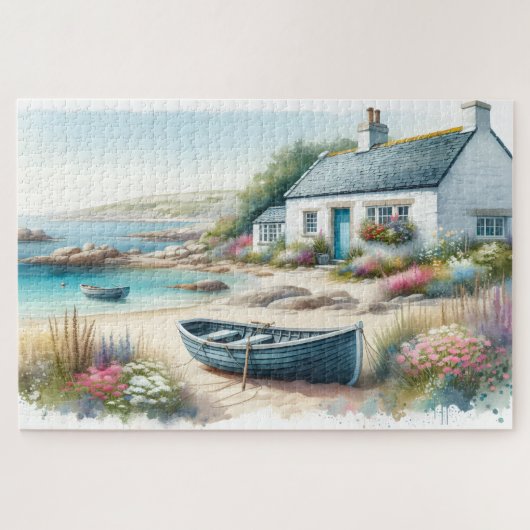Wasserfarbenes Küstenhaus-Seescene Puzzle (Horizontal)