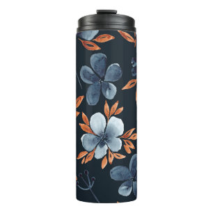 Wasserfarbenes, nahtloses Blumenmuster mit Indigof Thermosbecher