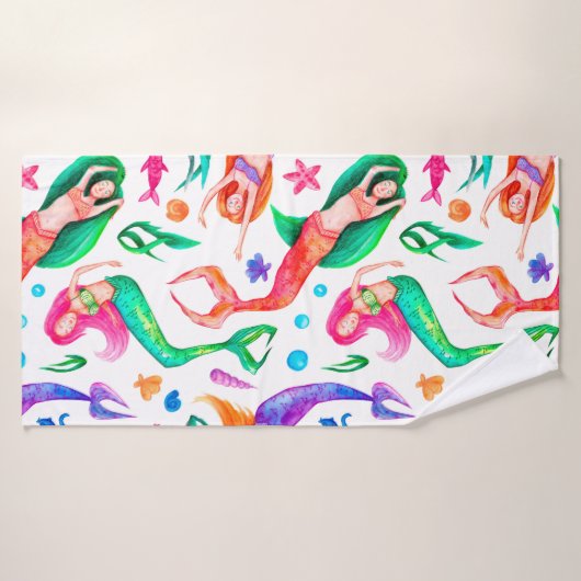 Wasserfarbenes nahtloses Muster mit Meerjungfrauen Badehandtuch (Badehandtuch)