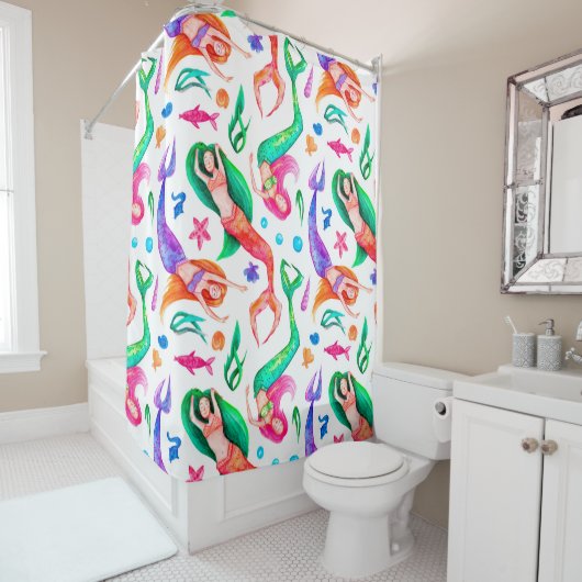 Wasserfarbenes nahtloses Muster mit Meerjungfrauen Duschvorhang (Beispiel)