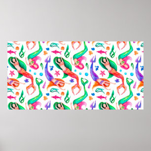 Wasserfarbenes nahtloses Muster mit Meerjungfrauen Poster