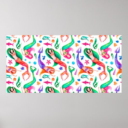 Wasserfarbenes nahtloses Muster mit Meerjungfrauen Poster (Vorne)