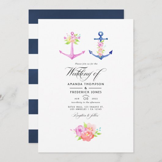 Wasserfarbenes Nautical Themed Floral Wedding Foto Einladung (Vorne/Hinten)