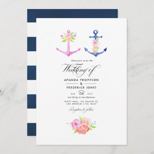 Wasserfarbenes Nautical Themed Floral Wedding Foto Einladung