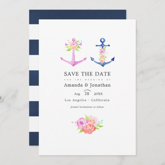 Wasserfarbenes Nautical Themed Floral Wedding Foto Save The Date (Vorne/Hinten)