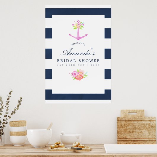 Wasserfarbenes nautisches Themed Floral Brautparty Poster (Küche)