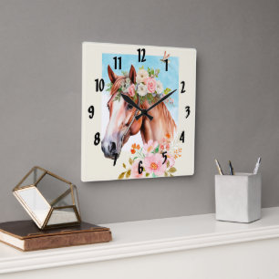 Wasserfarbenes Pferd und Blume Kunst, Dichtung und Quadratische Wanduhr