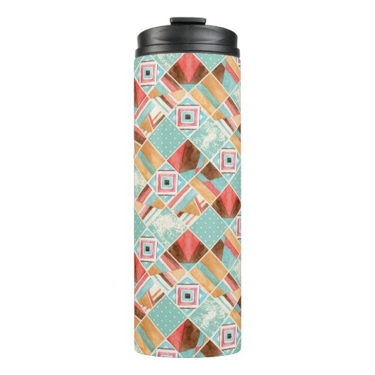 Wasserfarbenes Quadrat, geometrischer Patchwork-Hi Thermosbecher (Vorderseite)