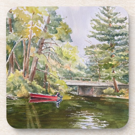 Wasserfarbenes Red Boat Mountain Lake Plastische U Getränkeuntersetzer (Vorderseite)