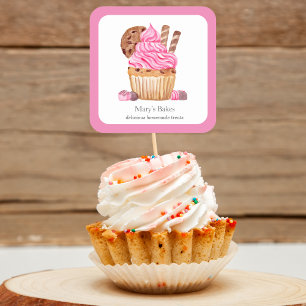 Wasserfarbenes rosa Cupcake mit Schokoladenbäckere Quadratischer Aufkleber