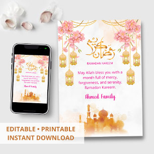 Wasserfarbenes rosa florales & Moschee-Iftar-Dinne Einladung