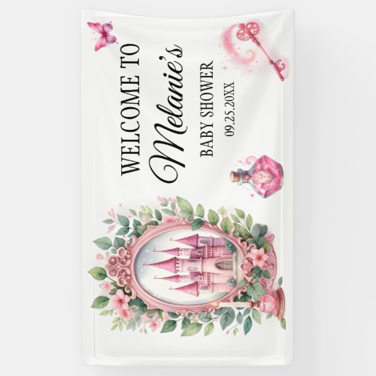 Wasserfarbenes rosa Schloss Blumengarten Zauberwan Banner (Vertikal)