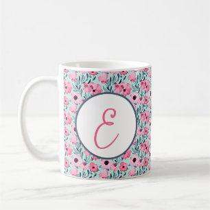 Wasserfarbenes rosa und grünes Blumenmuster-Monogr Kaffeetasse