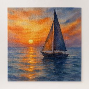 Wasserfarbenes Sailboat Serene Ocean Sunset Nautic Puzzle